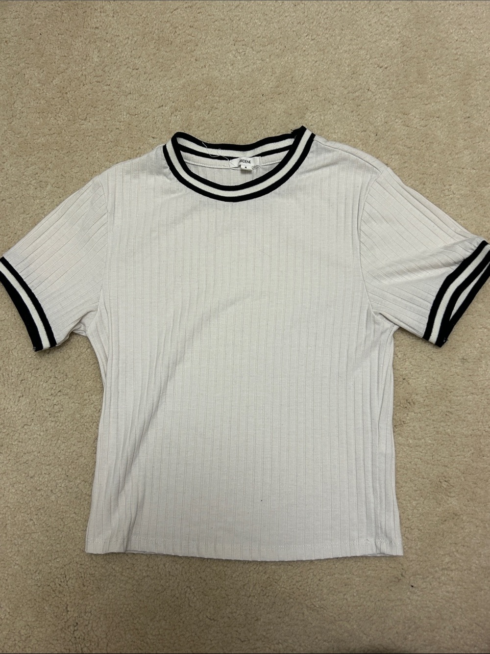Ardene White Ribbed Short Sleeve Tee with Black Stripe Trim